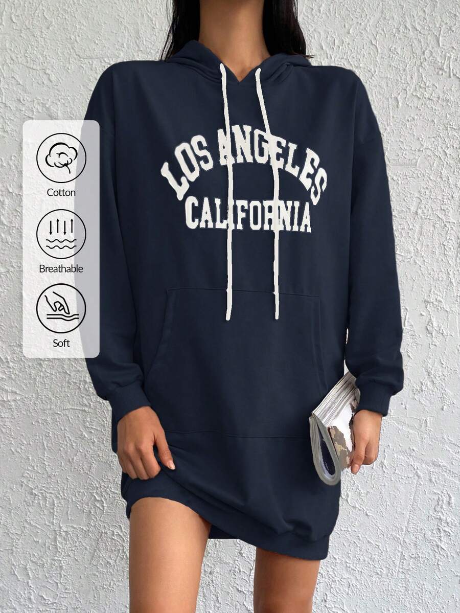 Cottnline Cotton Letter Graphic Kangaroo Pocket Drop Shoulder Drawstring Hooded Sweatshirt Dress - Navy Blue - View 1
