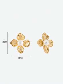 Opalesca 1 Pair Fashionable & Elegant Flower Shaped Pearl Inlaid Earrings For Women,Outfits,Old Money,Wedding/Bridal Accessories,Western Jewelry,Fairycore/Fairy,Pearl,Fall/Autumn/Winter,For Mom/Women/Girl/Mother,Elegant - Gold - View 6
