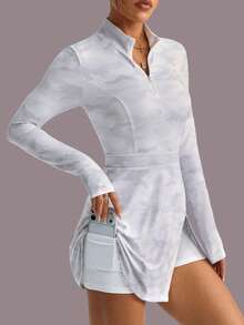 Dewbera 迷彩印花长袖开衩下摆运动连衣裙 - 彩色 - 查看 5