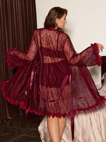 Slumberist 3pcs Plus Size Set: Floral Lace Robe + Sexy Lace Camisole & Shorts - Maroon - View 2