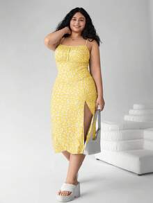 Solflare 大码女装、沙滩女装、波西米亚风、春季服装、假日派对大码连衣裙、夏威夷风女装、休闲女装、吊带印花开衩下摆休闲连衣裙 - 黃色 - 查看 3