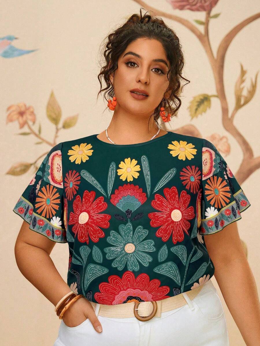 Travachic Áo kiểu nữ cỡ lớn in họa tiết nhiệt đới, dáng rộng, tay ngắn, thoải mái. - Màu xanh lá cây đậm - Xem 1