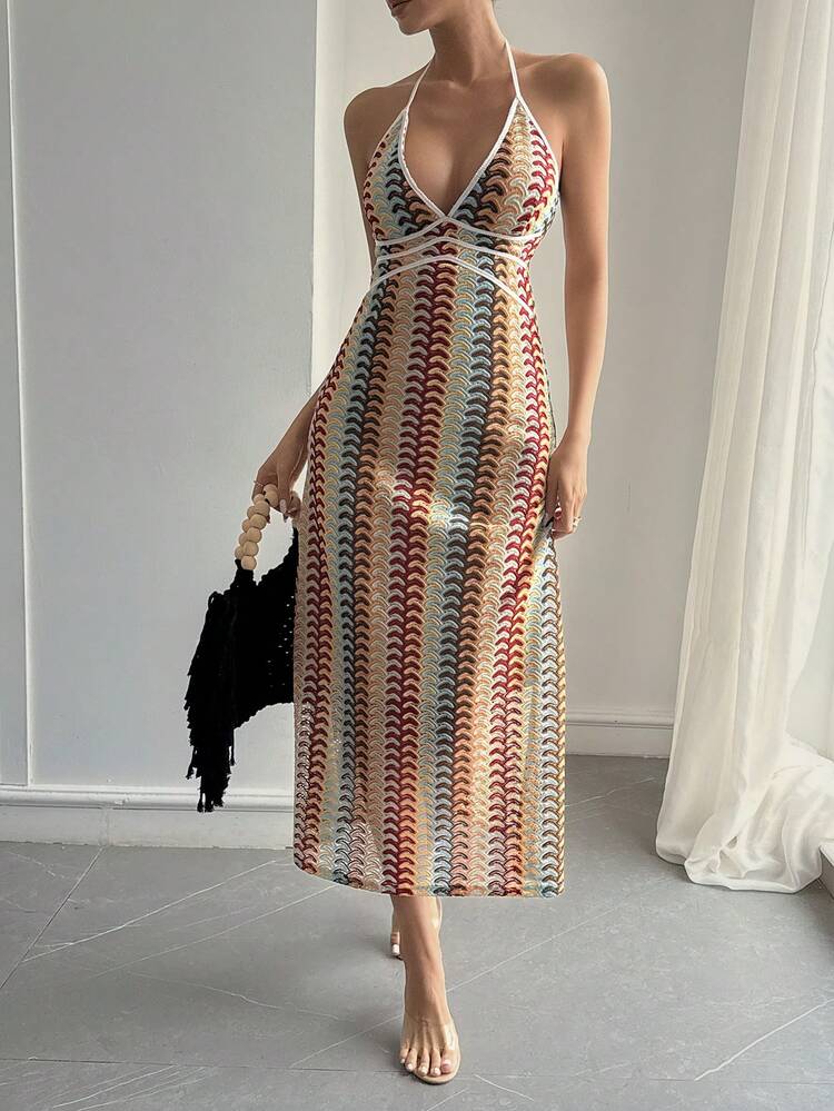 Women's Colorful Pattern Vacation Style Halter Dress Cruise Outfit For Women Sundress