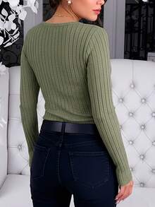 EMERY ROSE 橄榄绿罗纹V领修身长袖毛衣 - 軍綠色 - 查看 2