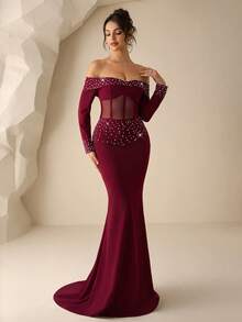 Coutiva Women's Elegant Off-Shoulder Pearl Embellished Mermaid Gown,Luxury Rhinestone Sequin Burgundy Formal Evening Dress For Wedding,Party,Ball&Graduation - Burgundy - View 4