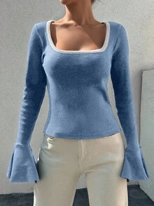 EURMUSE Cotton Contrast Binding Flounce Sleeve Tee - Baby Blue - View 3