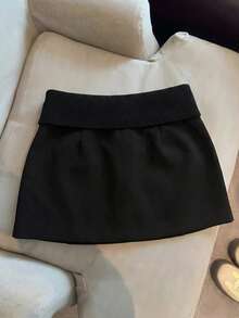 Franclia Women's Fashionable New Design, Chic And Unique Black Suede And Knit Ribbed Skirt With A Folded Waistband, Sexy And Figure-Hugging, Black Mini Skirt.,Short Skirt,Winter Clothes For Women,Summer,Spring,Valentine's Day ,Romance , Dating,Beach, Wedding,Birthday,Going Out,Elegant,Casual,Vacation,Graduation Season Attire, Fashionable Casual Commuter Wear, Business Office Wear, Versatile And Stylish Everyday Casual Wear, Urban Teacher's Professional Attire - Black - View 3