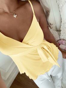 CovetEZ Pale Yellow Casual Knitted Cami For Women With Asymmetrical Hem And Wrap Tie Cute Yellow Top Yellow Summer Top Yellow Babydoll Top Yellow Top Women Sexy Summer Top - Pale Yellow - View 4
