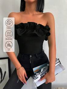 EURMUSE Cotton Y2K Solid Ruffle Trim Fashion Tube Top - Black - View 1