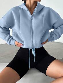 SHEIN Cottnline Drop Shoulder Drawstring Hem Thermal Zip Up Sweatshirt - Baby Blue - View 4