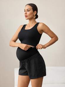 MaterniWear Maternity Clothes Maternity Tops  Summer Commute Office Attire Black And White Striped Adjustable Waistband Pocket Maternity Shorts