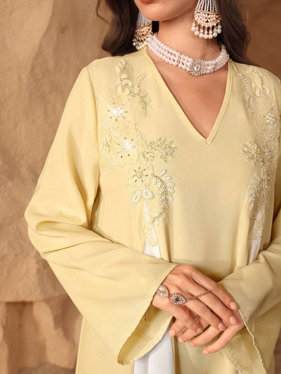 Al Najma Contrast Color Embroidered Applique V-Neck Elegant Long Sleeve Dress - Yellow - View 1