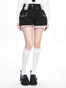 ROMWE Kawaii 可爱蕾丝拼接女式灯笼短裤 - 黑色 - 查看 8