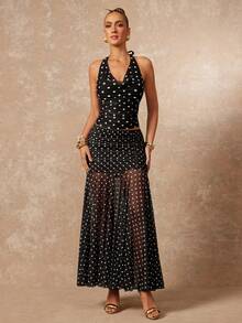 Lumalex Váy maxi ôm sát eo thấp, cổ khoét sâu, chất liệu lưới, họa tiết chấm bi. - Đen và trắng - Xem 1