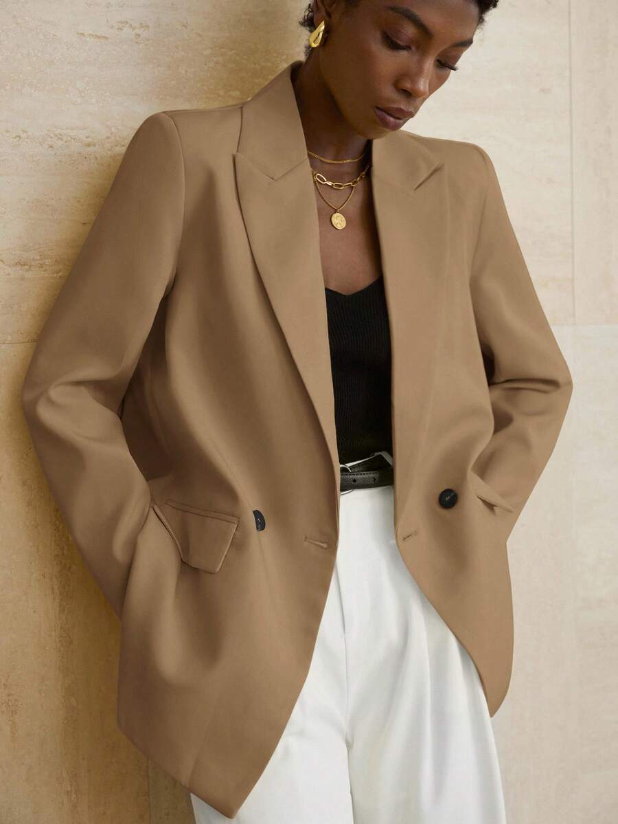 Aveloria Modichic Women's Business Style Solid Color Double-Breasted Blazer Jacket For Commuting, Autumn - Khaki - View 1