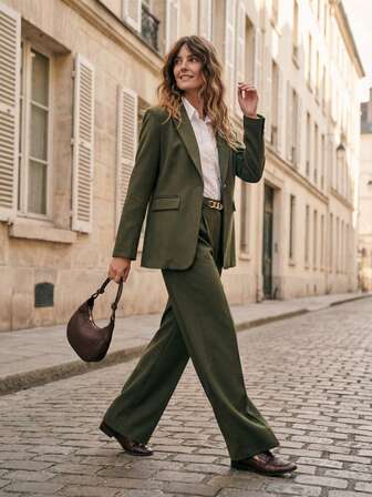 Écloséra 女士休闲通勤百搭绿色西装外套搭配阔腿直筒裤，绿色套装，春秋季
