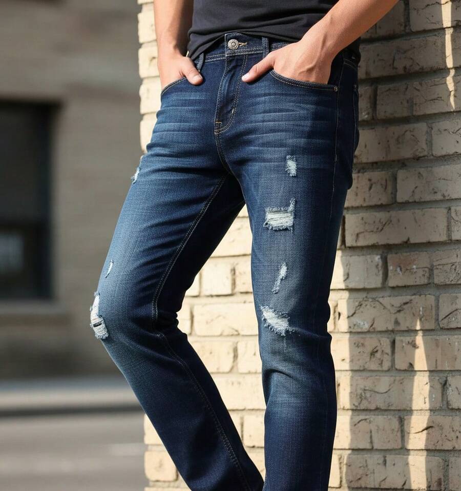 PANTALON PARA CABALLERO CORTE SLIM EN TONO AZUL MEDIO CON BIGOTES EN BOLSAS - Azul lavado oscuro - Ver 1