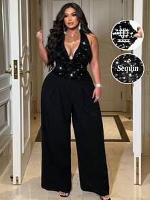 SHEIN CURVE+ Combinaison à paillettes et velours pour femmes grandes tailles, design à la mode, tissu patchwork, convient pour les concerts, mariages, fêtes, Noël, Nouvel An, anniversaires