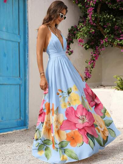 Vivid Eden Vestido casual de mujer con estampado floral y espalda descubierta para vacaciones