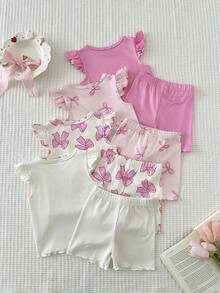 Souflis Souflis 8pcs/Set Baby Girls 0-3 Years Spring/Summer Casual Daily Wear Cute Ballet Girl Sleeveless Tee Shirt & Shorts 8pcs Outfit Set - Pink - View 2