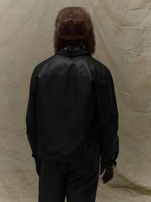 Musero Boxy Fit Long Sleeve Leather Collard Button Up Shirt Jacket Hidden Placket Detailing Fall SPRING SUMMER - Black - View 2