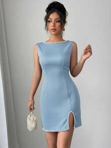 Elenzga Đầm mini nữ thanh lịch, lãng mạn, không tay, cổ tròn, màu đen trắng, dệt kim, đính ngọc trai, xẻ tà ôm sát, thích hợp cho dạo chơi mùa xuân, hẹn hò, tiệc tối, ngày Valentine. - Màu xanh bụi bặm - Xem 3