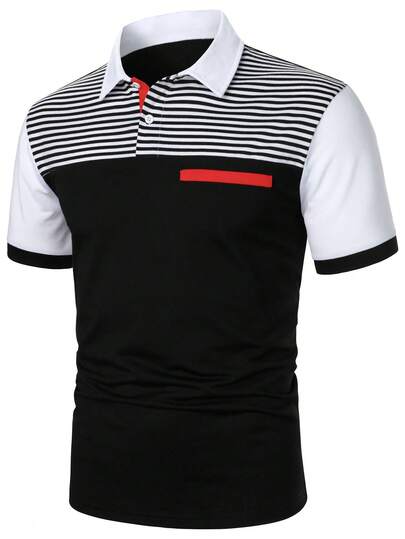 Manfinity Homme Men's Striped Short Sleeve Casual Commuter Polo Shirt Golf Shirt For Men Mens T Collar T Shirt Men Summer Outfits Zipper Polo Shirt Men T Shirts
