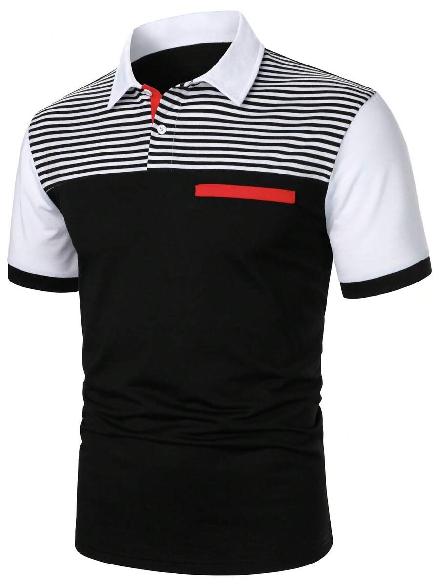 Manfinity Homme Men's Striped Short Sleeve Casual Commuter Polo Shirt Golf Shirt For Men Mens T Collar T Shirt Men Summer Outfits Zipper Polo Shirt Men T Shirts - Multicolor - View 1