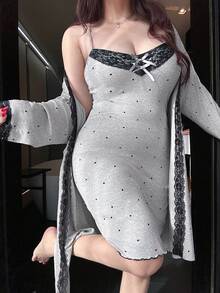 Dazy Plus Elegant Sexy 2 Pieces Sleepwear Set, Contrast Lace Slim Fit Long Nightgown & Cardigan, Plus Size Women Spring/Summer - Light Grey - View 7