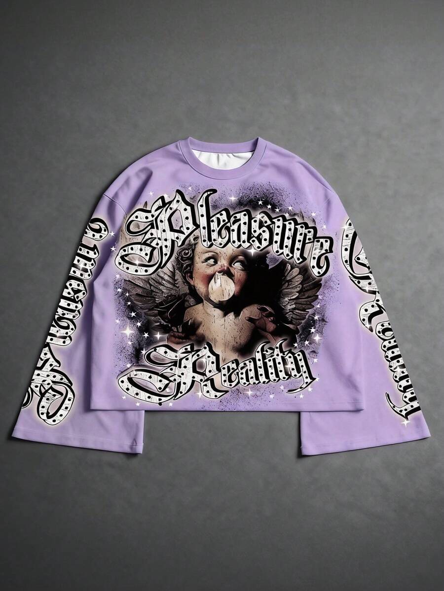 PAVTROS 男士街头风长袖T恤，数码印花天使吹泡泡糖图案 - 淡紫色 - 查看 1