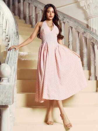 Criza Taa Women's Tie Back Plaid Casual Dress,Polka Dot Dress