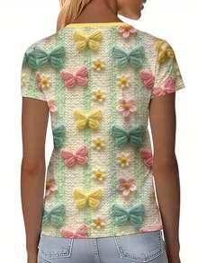 EMERY ROSE Women's Bow Tie Contrast Stripe 3D Digital Print Round Neck T-Shirt