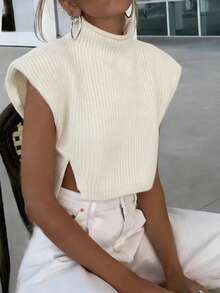 INAWLY Women's Solid Color Stand Collar Ribbed Split Design Casual Versatile Knit Pullover Top