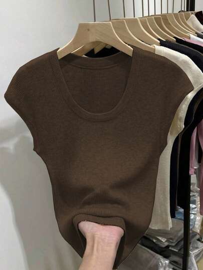 INAWLY 2025 Women's Solid Color U-Neck Cap Sleeve Knit Top, Spring/Summer New Arrival