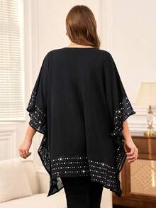 Rosumi Áo cánh dơi cổ tròn tay cánh dơi màu đen cỡ lớn mùa đông cho nữ, trang trí đơn giản, mặc thường ngày, thanh lịch cho phụ nữ - màu đen - Xem 2