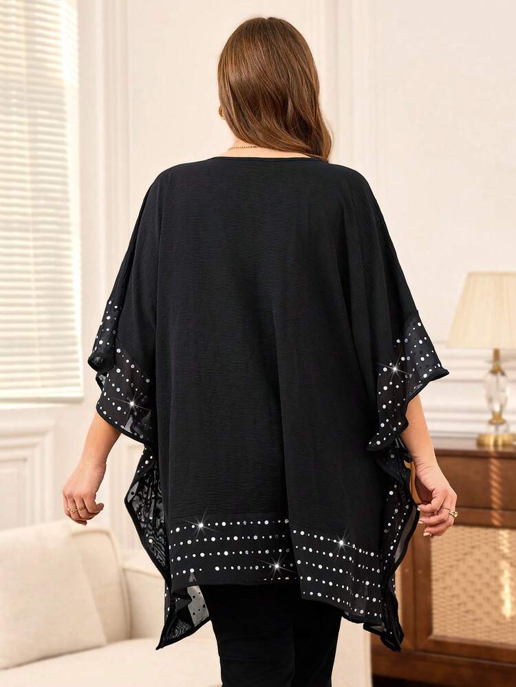 プラスサイズ ウィンター レディース ブラック ラウンドネック バットウィング スリーブ 装飾的 シンプル ブラウス、カジュアル デイリーウェア、エレガント レディース