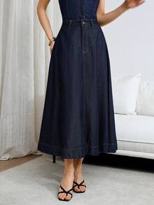 Siren Gaze Women's Dark Blue Denim Midi Skirt, Elegant High-Waisted A-Line Skirt Spring Casual - Dark Wash - View 4