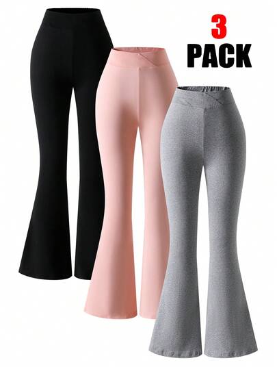 Sparklyn 3pcs Women & Teen GirlBlack Casual Sports Comfortable Fashionable Pants Set, Personalized Waistband Design, Flared Leg Cut, Suitable For Indoor/Outdoor, Party, Sports, Travel, School, Any Occasion, Spring/Autumn/Winter