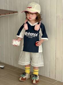 DAZY Toddler Girls' V-Neck Contrast Color Casual Street Style Short Sleeve T-Shirt - Blue - View 7