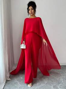 Lyxana 优雅女士短款露腰雪纺连体裤，亮红色，修身剪裁，休闲日常穿着，约会，情人节，婚礼季，春夏皆宜。 - 紅色 - 查看 7