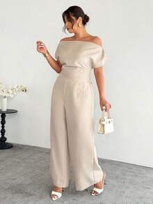 Firerie New Elegant Casual Commuter White Drop Shoulder Blouse & Wide Leg Pants Suit - Apricot - View 1