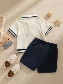 Souflis Souflis Bộ 2 món áo sơ mi ngắn tay màu trắng và quần short màu xanh navy kiểu Pháp cho bé trai, thích hợp cho mùa xuân/hè, kỳ nghỉ, đi học và các dịp khác. - Nhiều màu - Xem 3