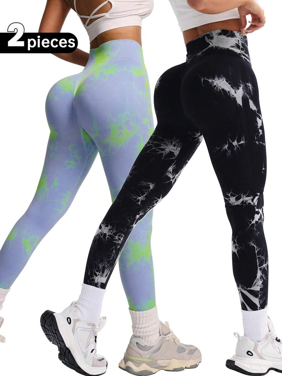 Velisys Velisys 扎染无缝高弹力运动紧身裤 运动工作室高腰无缝修身女士紧身裤 - 弹性柔软透气四向弹力紧身裤,适合跑步、骑行、瑜伽、匹克球等运动休闲穿着 - 彩色 - 查看 1