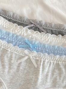 少女4件套蕾丝边蝴蝶结装饰柔软舒适纯棉内裤 - 彩色 - 查看 4