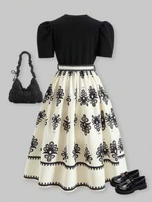 SHEIN Frühlings-/Sommer-Kleid für Teenager-Mädchen, elegant mit Nieten, hoher Kragen, Prinzessin-Ärmel, Patchwork-Muster-Saum, geeignet für tägliche Fahrten, Lässig, Urlaub, Zusammenkünfte, Partys - Schwarz und Weiss - Übersicht 2