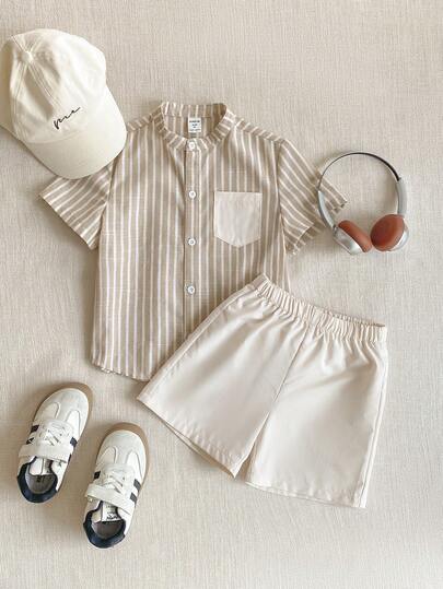 PrepCrw 2pcs Young Boys Elegant Urban Preppy Style Khaki Collared Short Sleeve Shirt And White Shorts Set, Versatile For Casual, Outings, Gatherings, Holidays, Spring & Summer