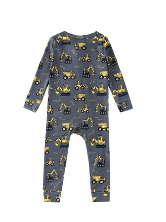 Baby Boys Blue Cartoon Excavator Print Long Sleeve Snug Fit One-Piece Pajamas