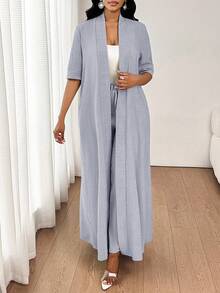 SHEIN Lady 女士优雅休闲通勤度假简约纯色长款开衫外套搭配宽松直筒裤两件套四季皆宜 - 灰色 - 查看 3