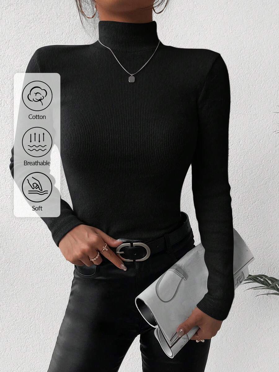 EURMUSE Women's Solid Color Turtleneck Sweater - Black - View 1