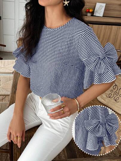 Louniche Women's Casual Plaid Bow Decor Blouse, Summer Women Summer Blouse Top Gingham Top Ruffle Sleeve Top Blue And White Top Puff Sleeve Top
